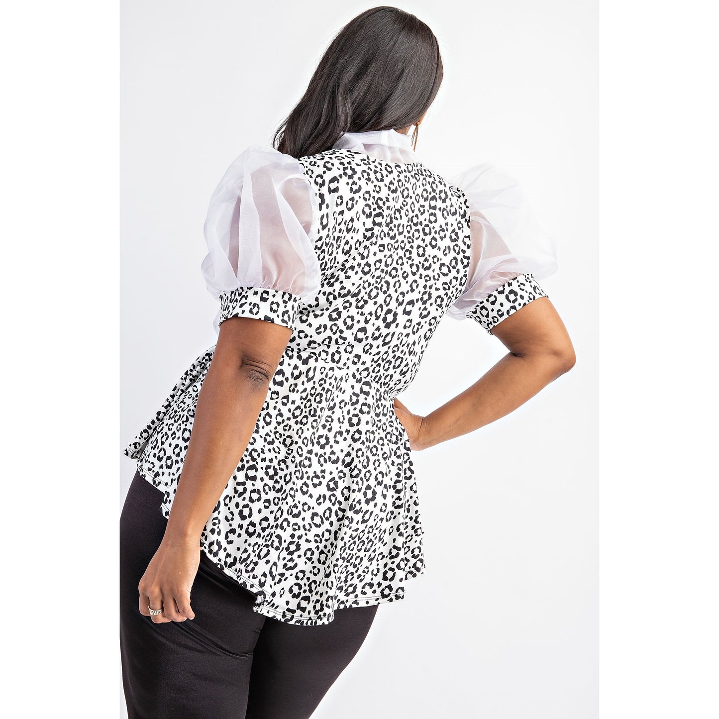 PLUS BALLOON SHORT SLEEVE PEPLUM TOP WITH NECKTIE